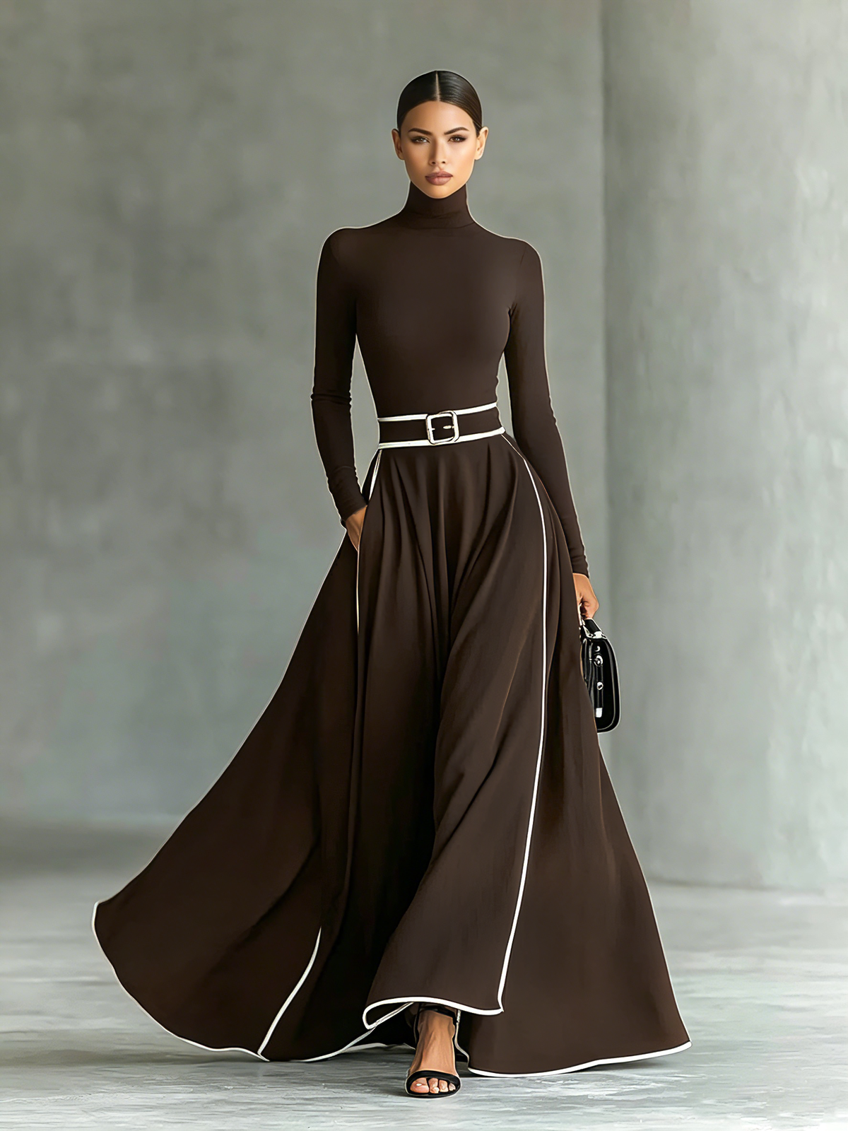 Vestido Maxi Preto com Costuras Brancas, Gola Subida, Mangas Compridas e Corte Justo