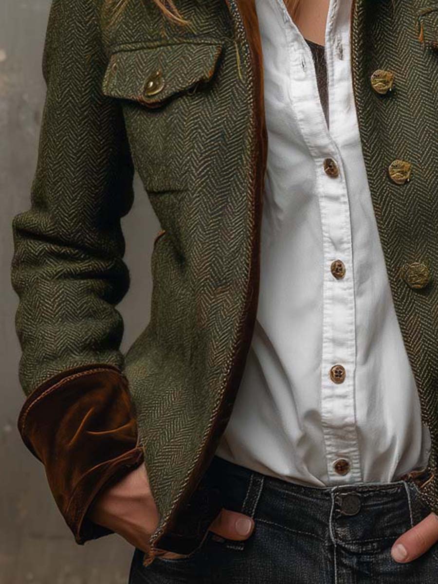 Blazer Vintage com Padrão Espinha de Peixe e Remate de Contraste para Mulher