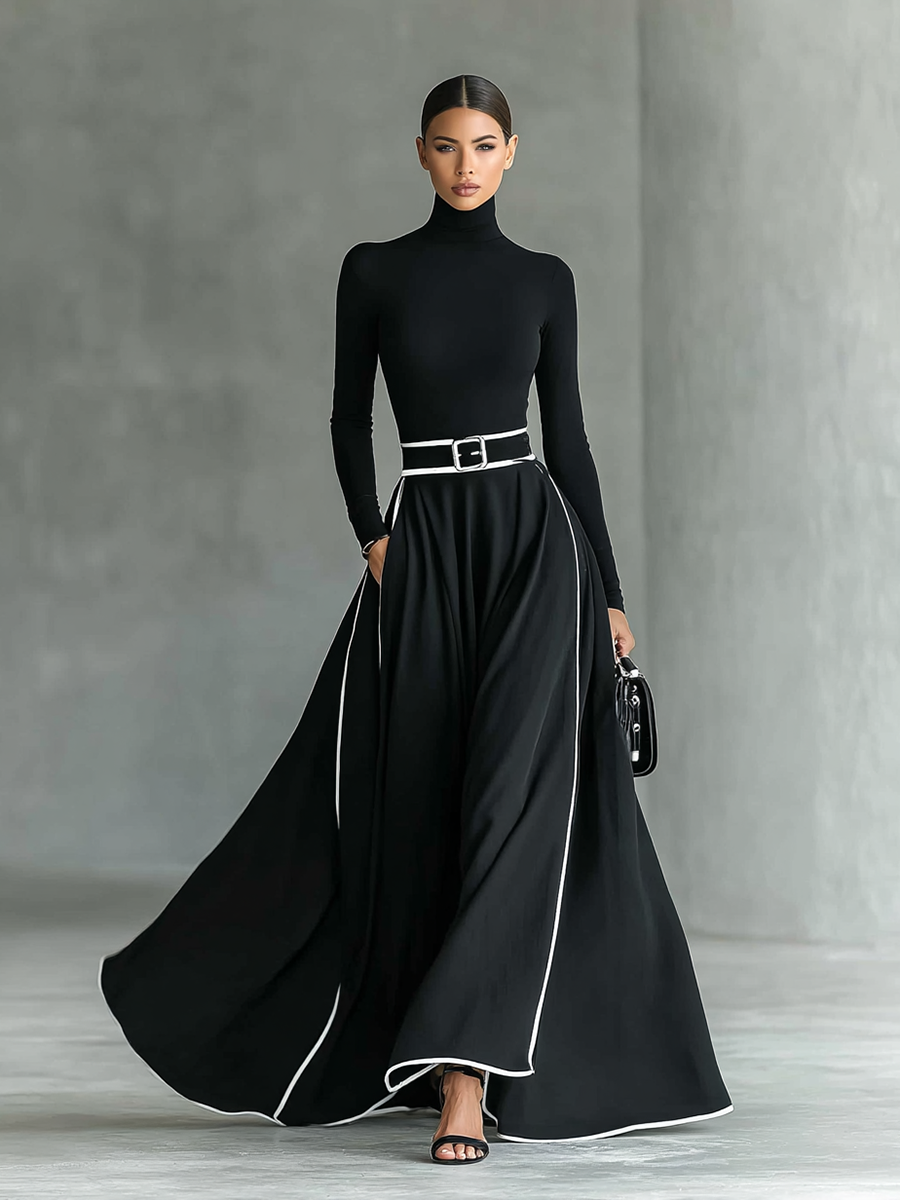 Vestido Maxi Preto com Costuras Brancas, Gola Subida, Mangas Compridas e Corte Justo