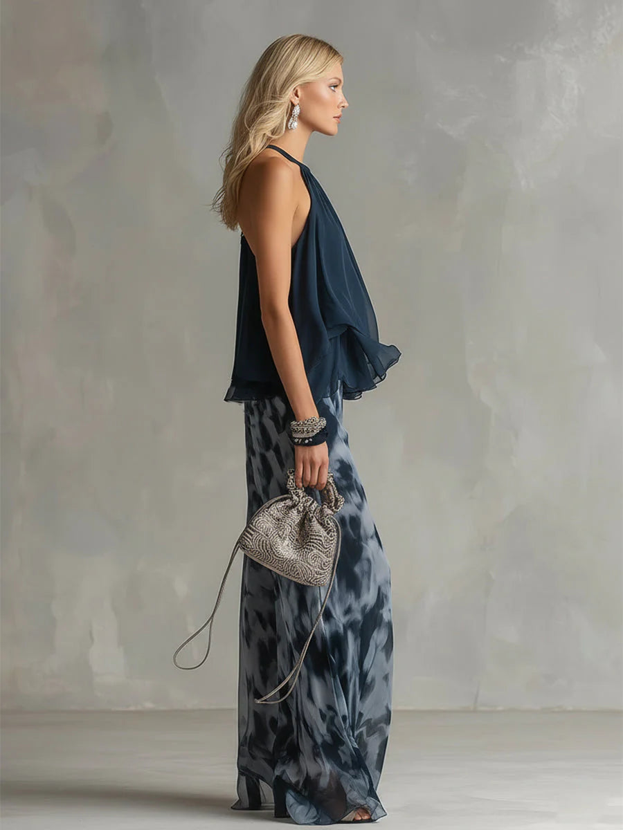 Ludovica – Elegantes Chiffon-Set mit hochgeschlossenem Oberteil und weit geschnittenen, bedruckten Hosen