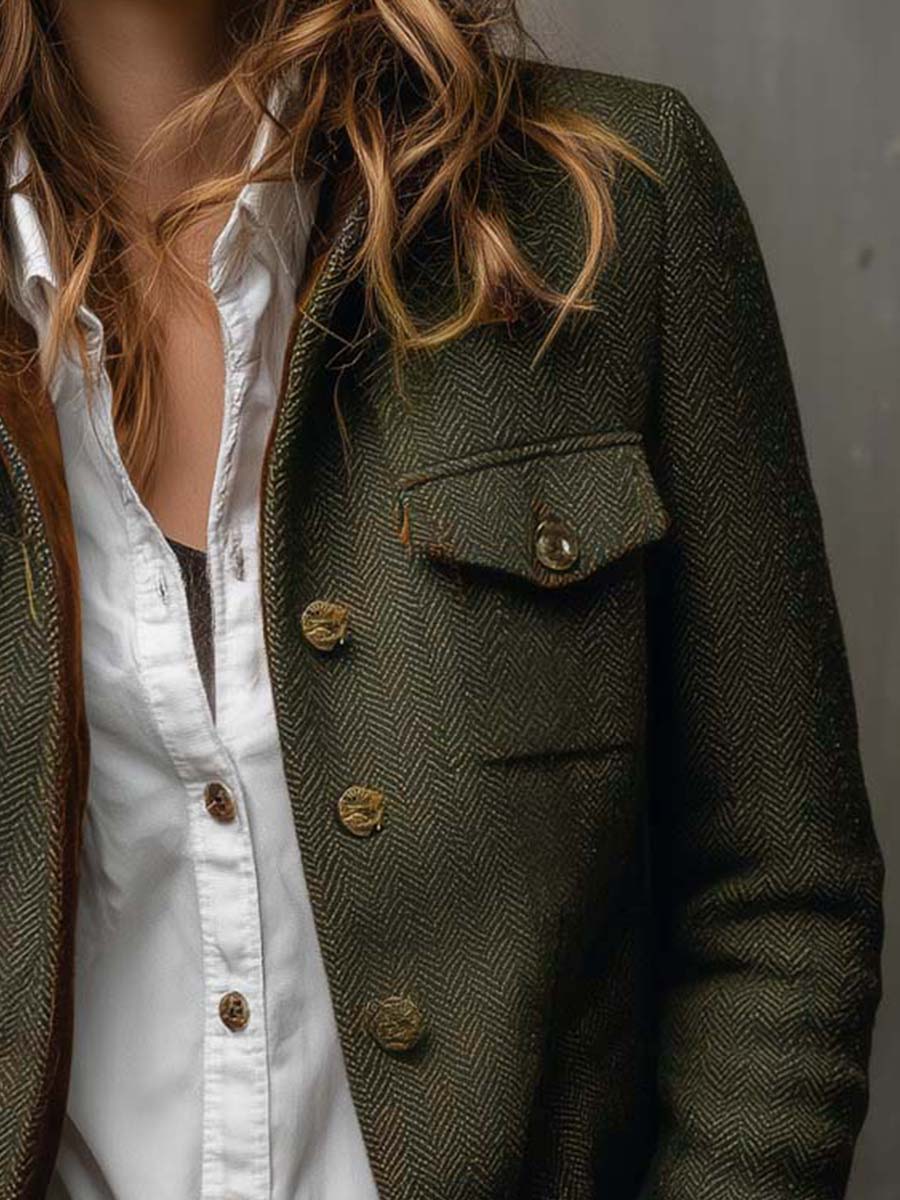 Blazer Vintage com Padrão Espinha de Peixe e Remate de Contraste para Mulher