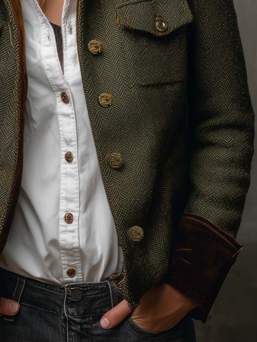 Blazer Vintage com Padrão Espinha de Peixe e Remate de Contraste para Mulher