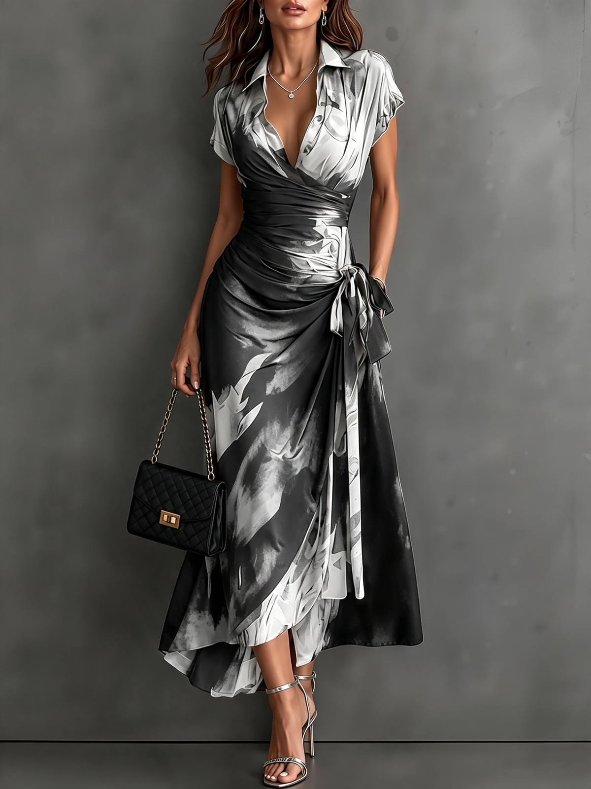 Vestido midi estampado estilo transpassado com decote em V