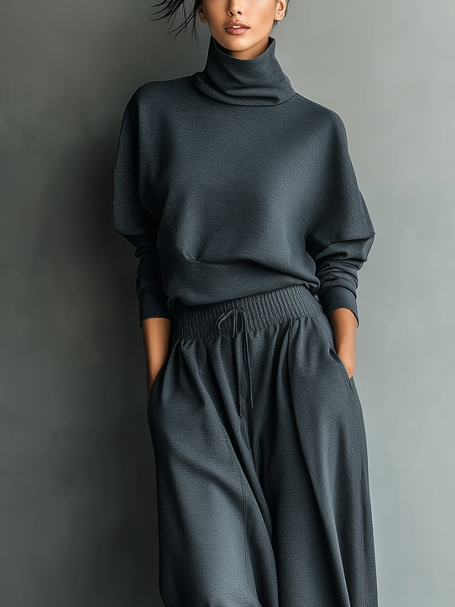 Conjunto de Malha Feminino em Antracite com Gola Alta e Calça de Perna Larga