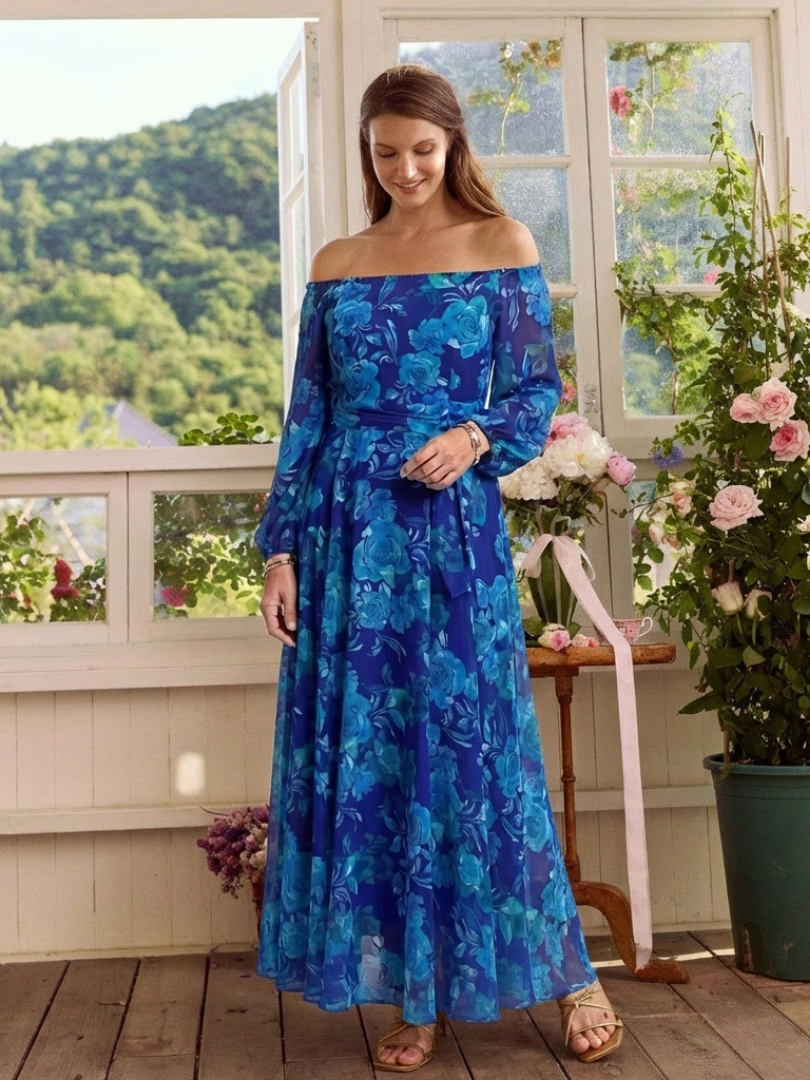 Aspen | Schulterfreies Maxikleid mit Blumenmuster