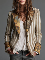 Blazer Boho com Padrão de Riscas e Lapela Estampada para Mulher