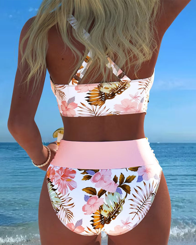 Bikini mit kontrastierendem Blumendruck und Schlitz