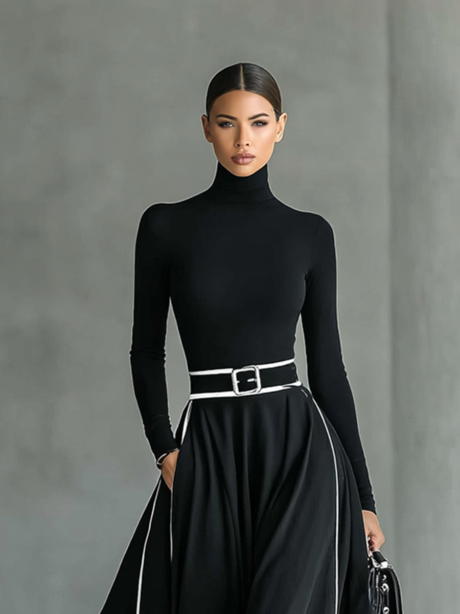 Vestido Maxi Preto com Costuras Brancas, Gola Subida, Mangas Compridas e Corte Justo