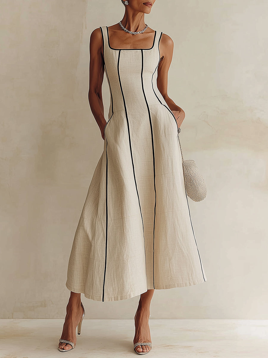 Camille | Vestido Maxi Evasé às Riscas em Linho, com Vivo Preto