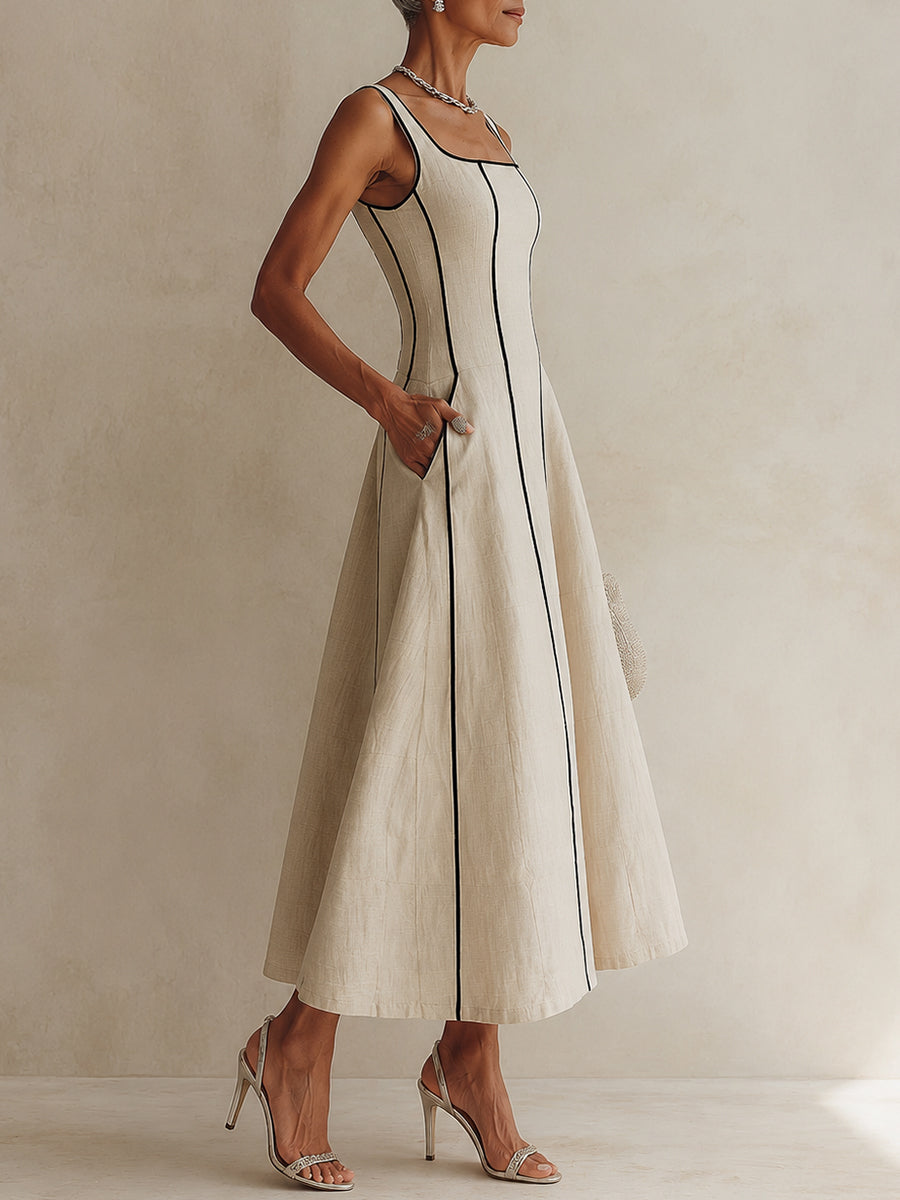 Camille | Vestido Maxi Evasé às Riscas em Linho, com Vivo Preto