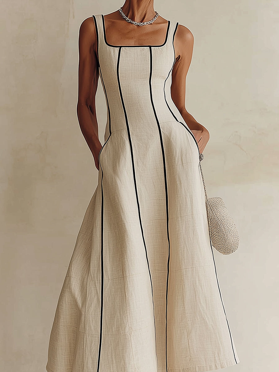 Camille | Vestido Maxi Evasé às Riscas em Linho, com Vivo Preto