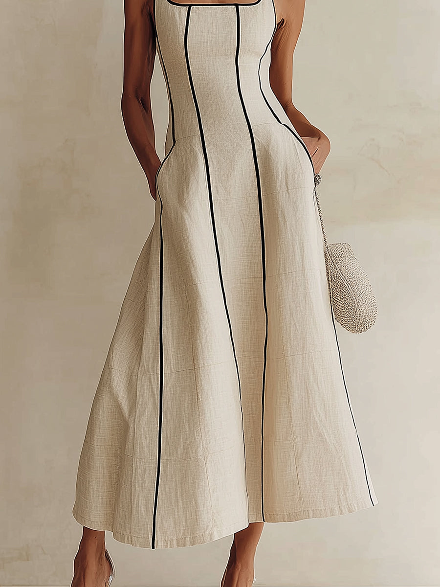 Camille | Vestido Maxi Evasé às Riscas em Linho, com Vivo Preto