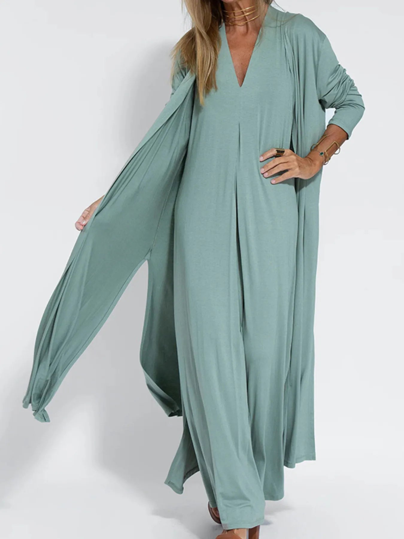 V-Ausschnitt ärmelloses Maxikleid mit Schlitz in Übergröße