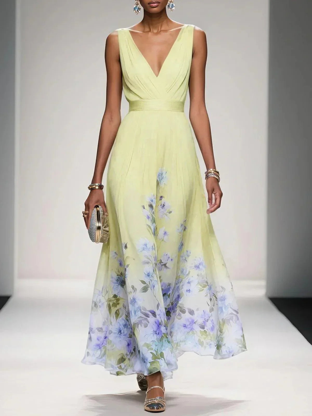 Rose | Hellblaues geblümtes Chiffon-Maxikleid mit V-Ausschnitt