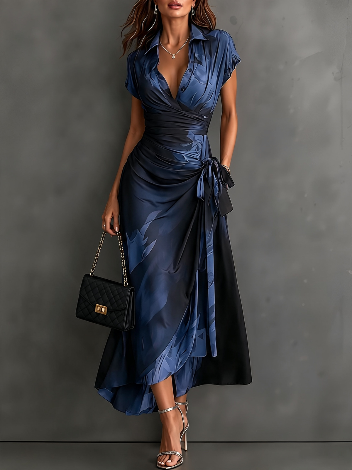 Vestido midi estampado estilo transpassado com decote em V
