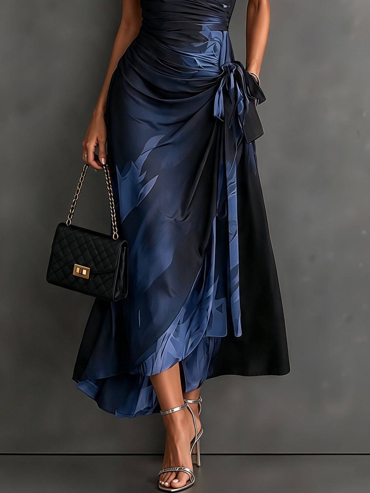 Vestido midi estampado estilo transpassado com decote em V