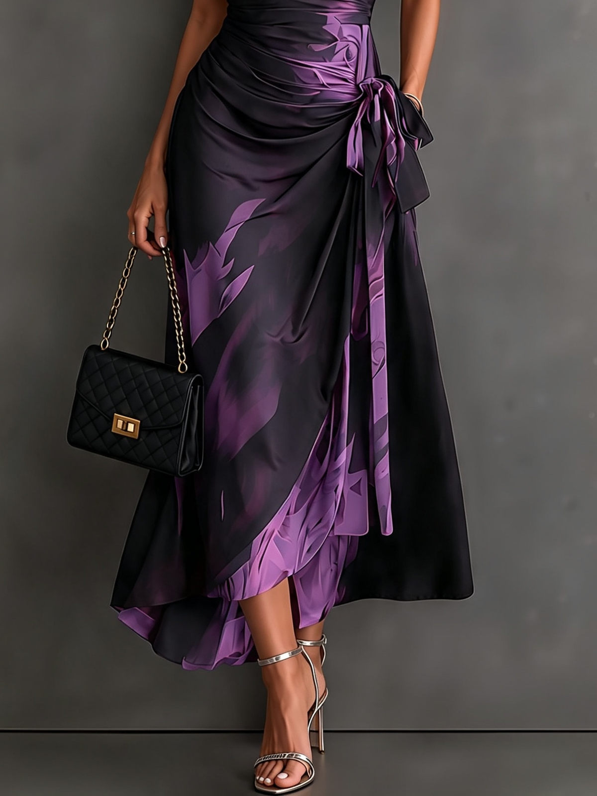 Vestido midi estampado estilo transpassado com decote em V
