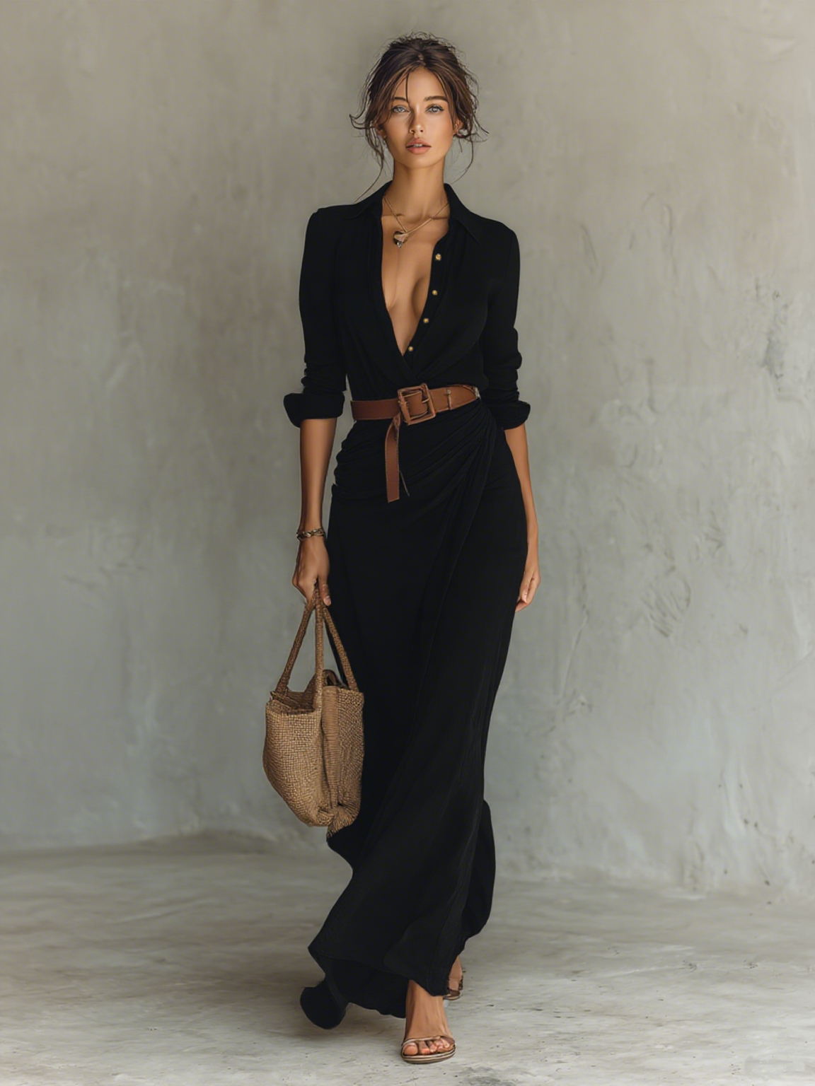 Filomena - Vestido maxi com gola virada e manga comprida
