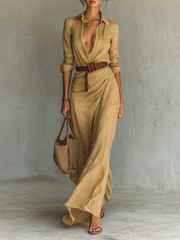 Filomena - Vestido maxi com gola virada e manga comprida