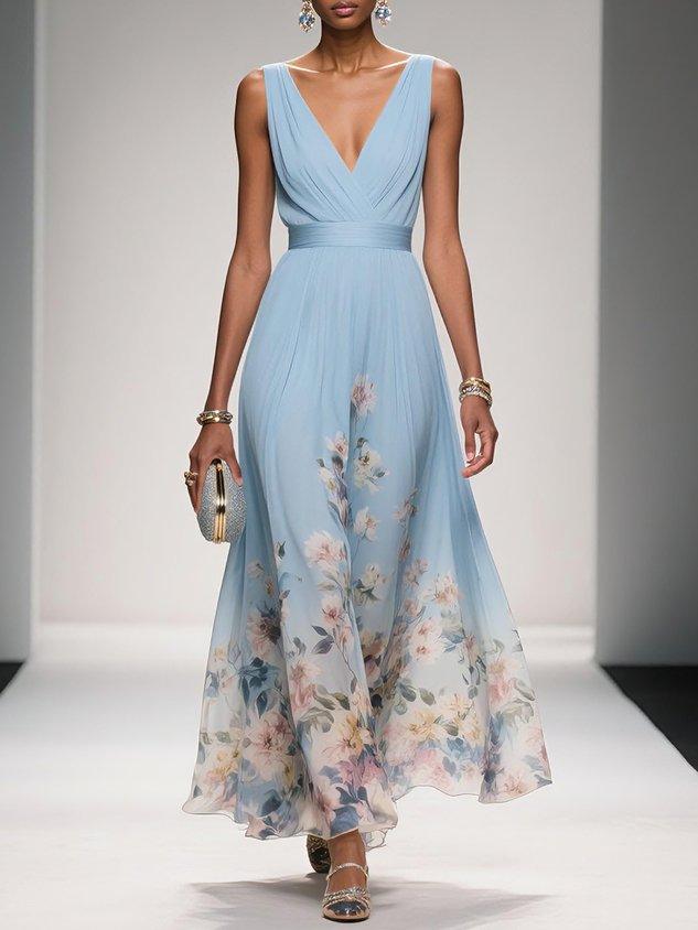 Rose | Hellblaues geblümtes Chiffon-Maxikleid mit V-Ausschnitt