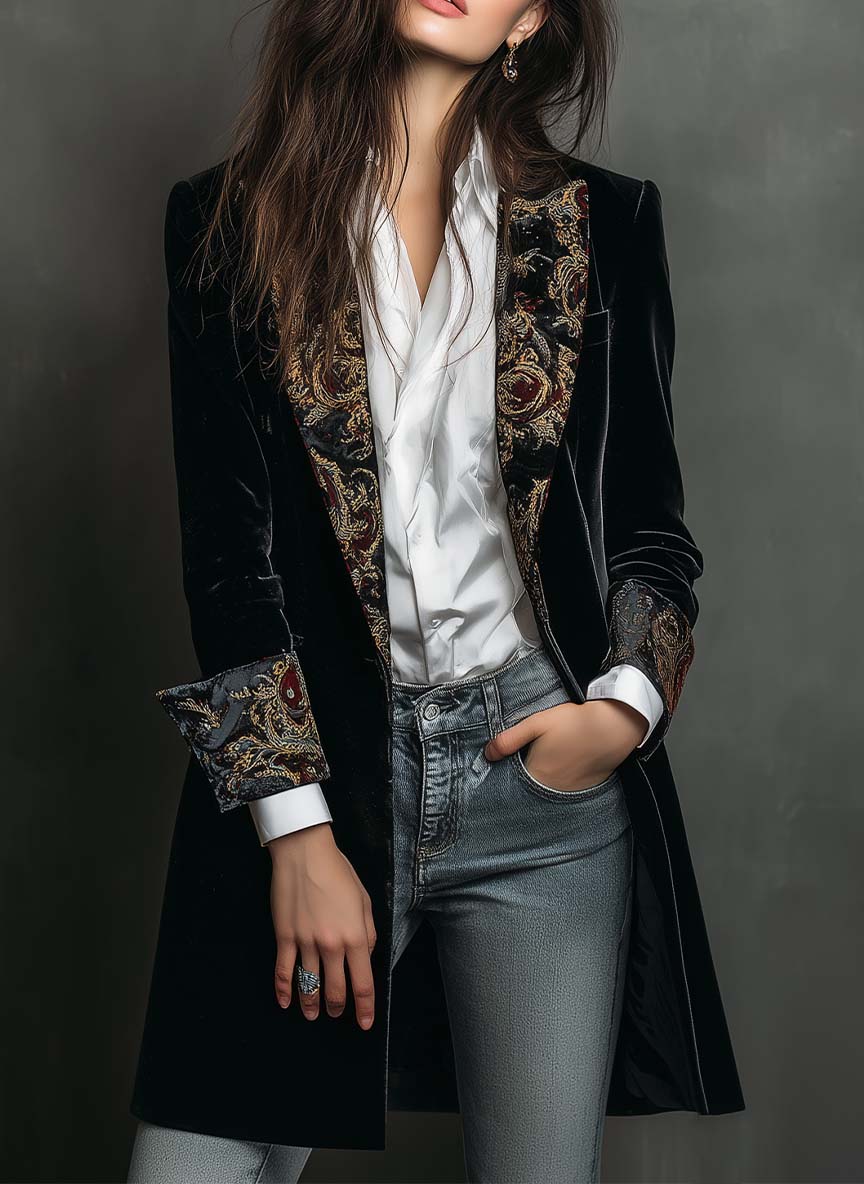 Blazer Slim-Fit Preto com Padrão Barroco e Lapela para Mulher