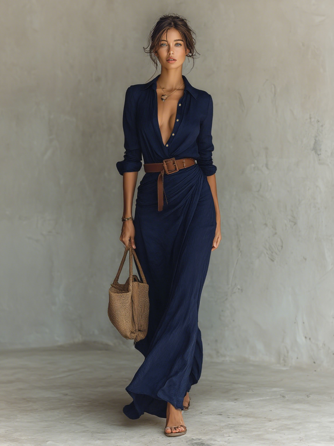 Filomena - Vestido maxi com gola virada e manga comprida