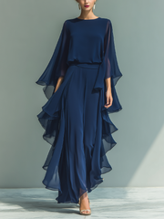 Érica - Conjunto de chiffon azul-marinho com folhos
