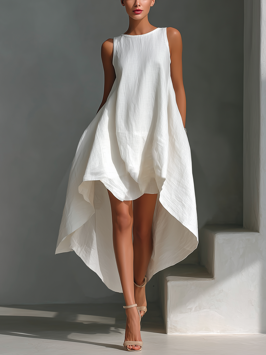 Weißes Midikleid aus Leinen mit Rundhalsausschnitt für Frauen