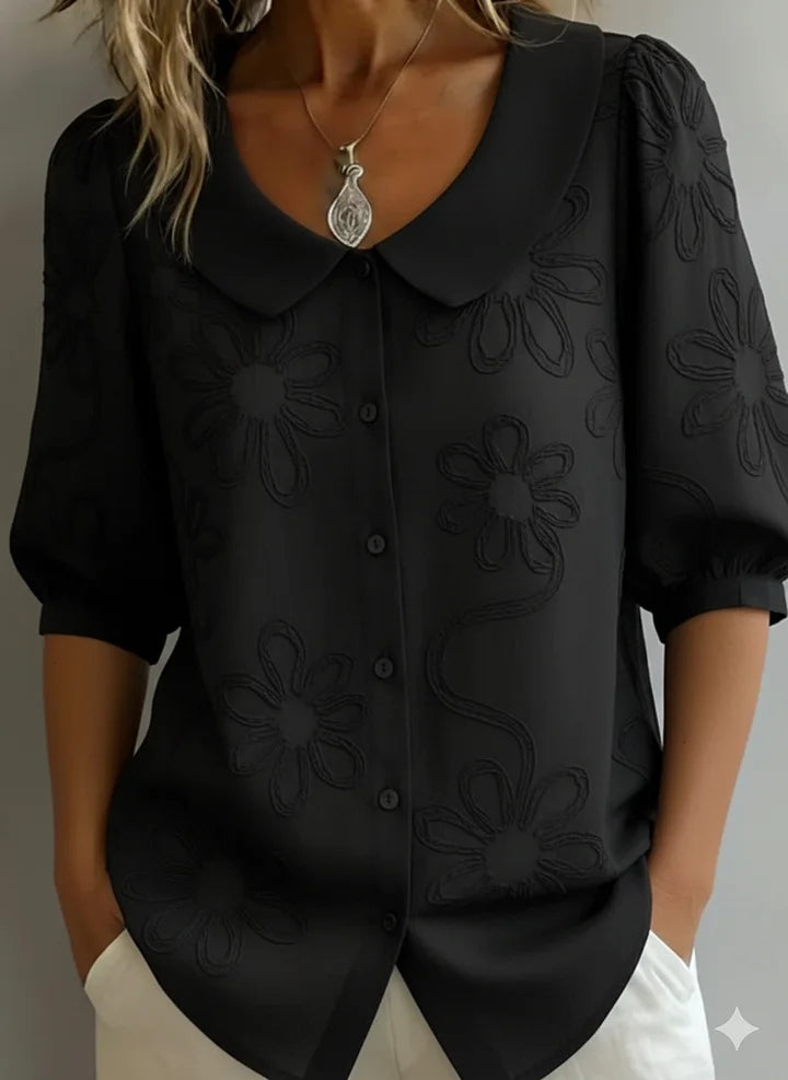 Ladina - Vintage-Hemd mit Stehkragen und gestickten Blumen