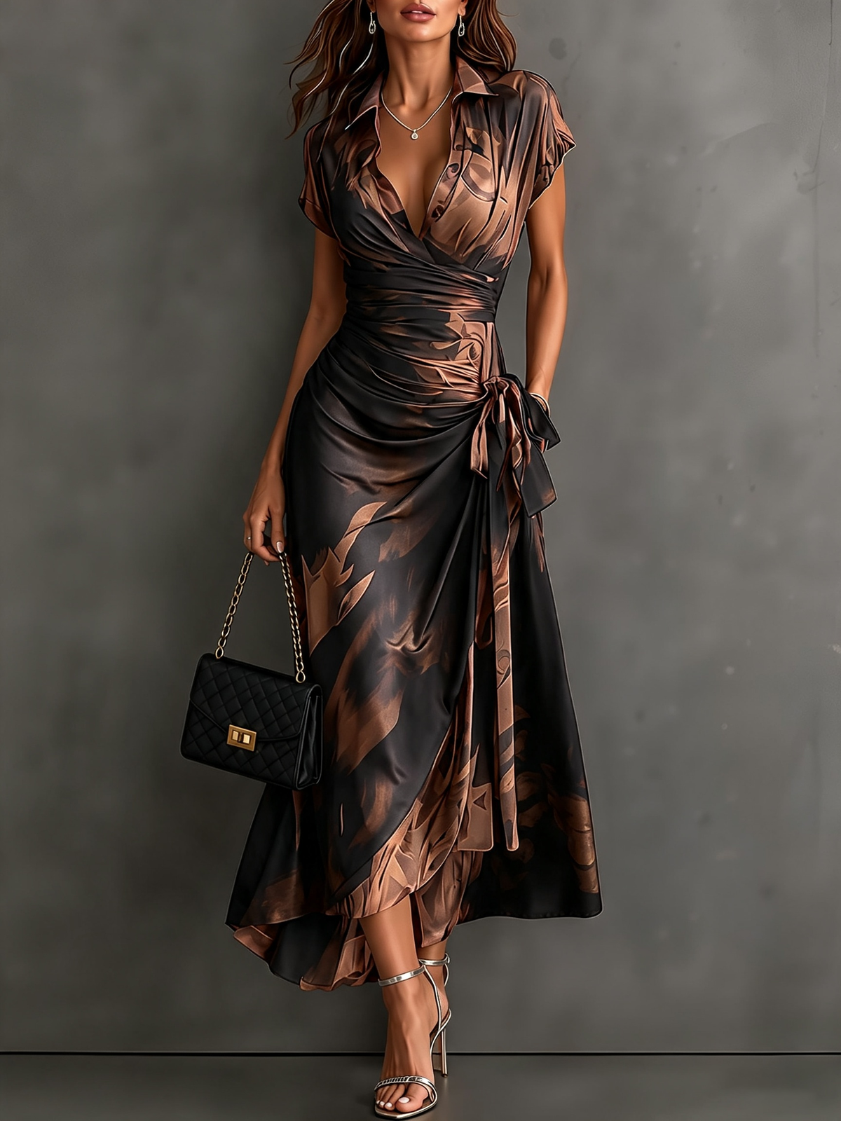 Vestido midi estampado estilo transpassado com decote em V