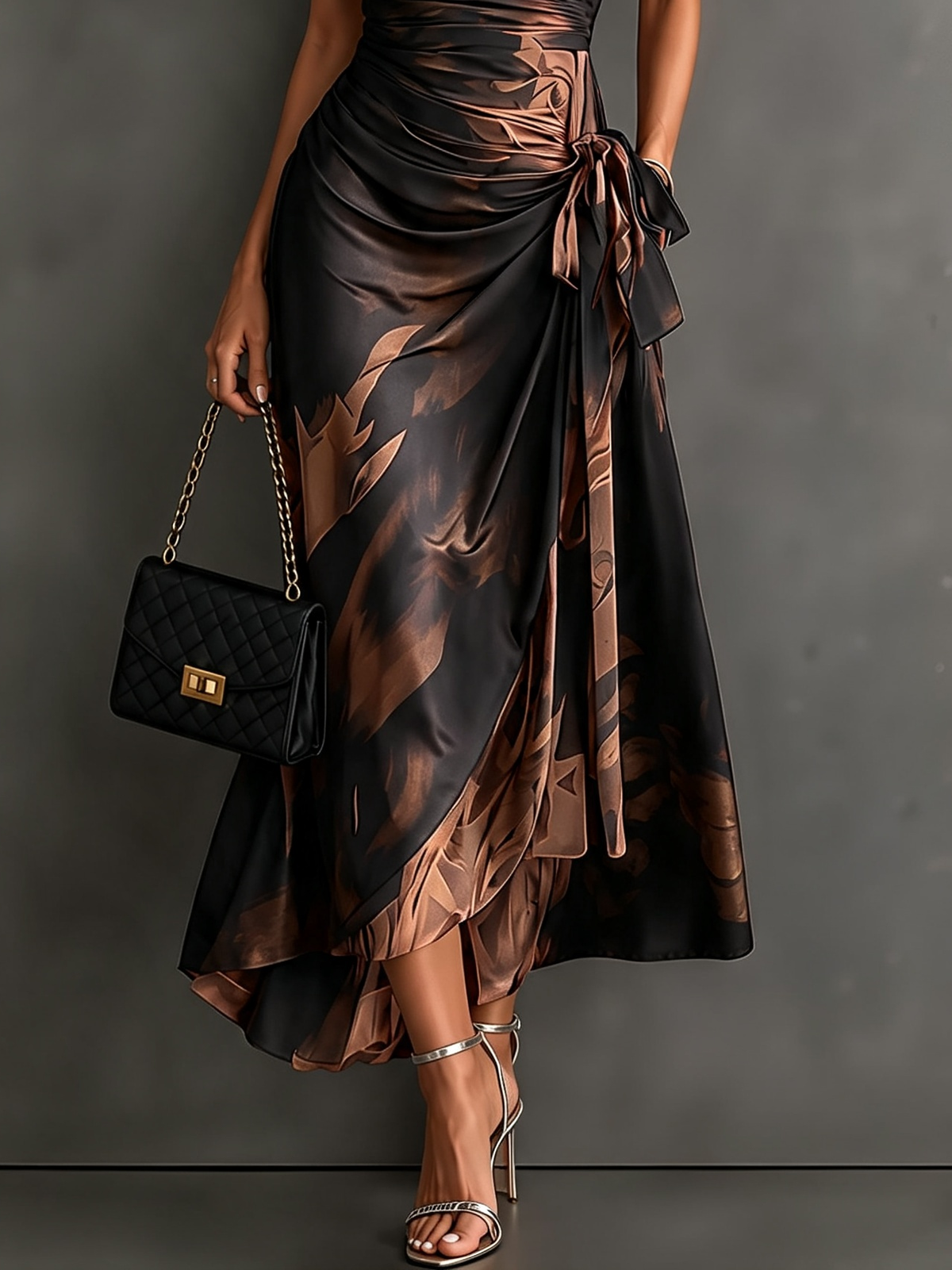 Vestido midi estampado estilo transpassado com decote em V