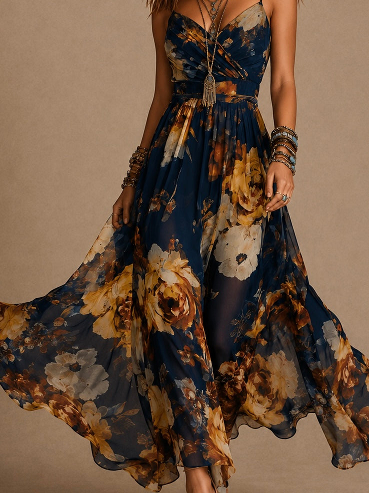 Dulce - vestido comprido com padrão floral e alças