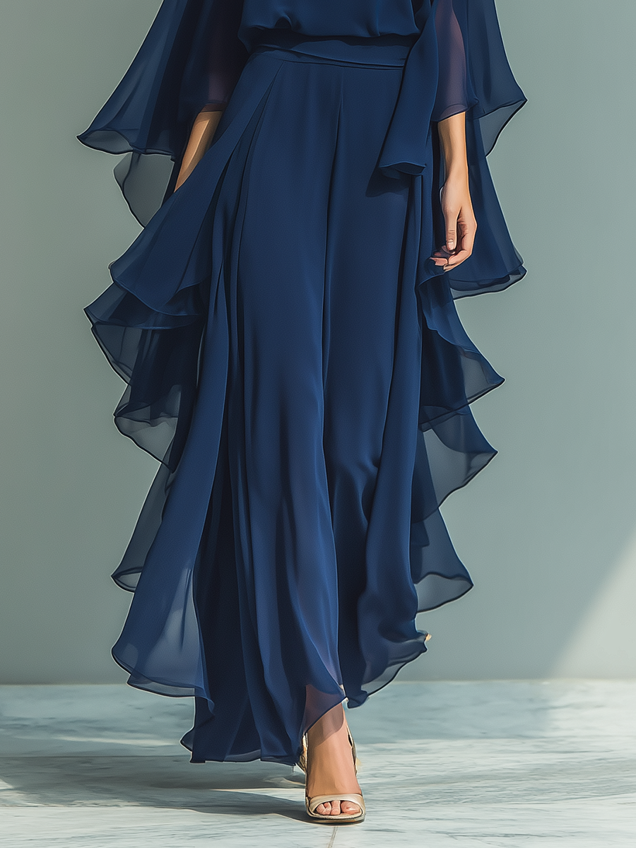 Érica - Conjunto de chiffon azul-marinho com folhos