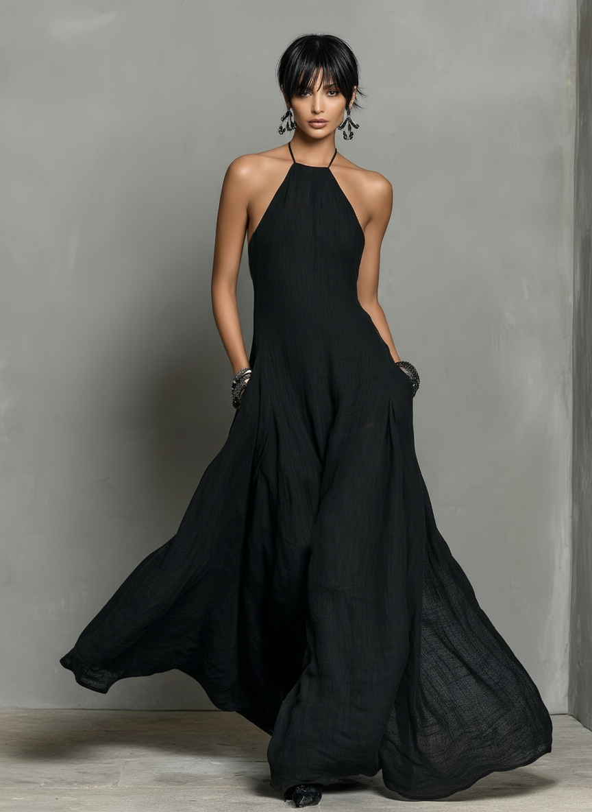 Minimalistisches Maxikleid aus Leinengemisch mit Neckholder