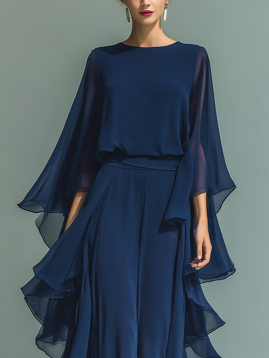 Érica - Conjunto de chiffon azul-marinho com folhos
