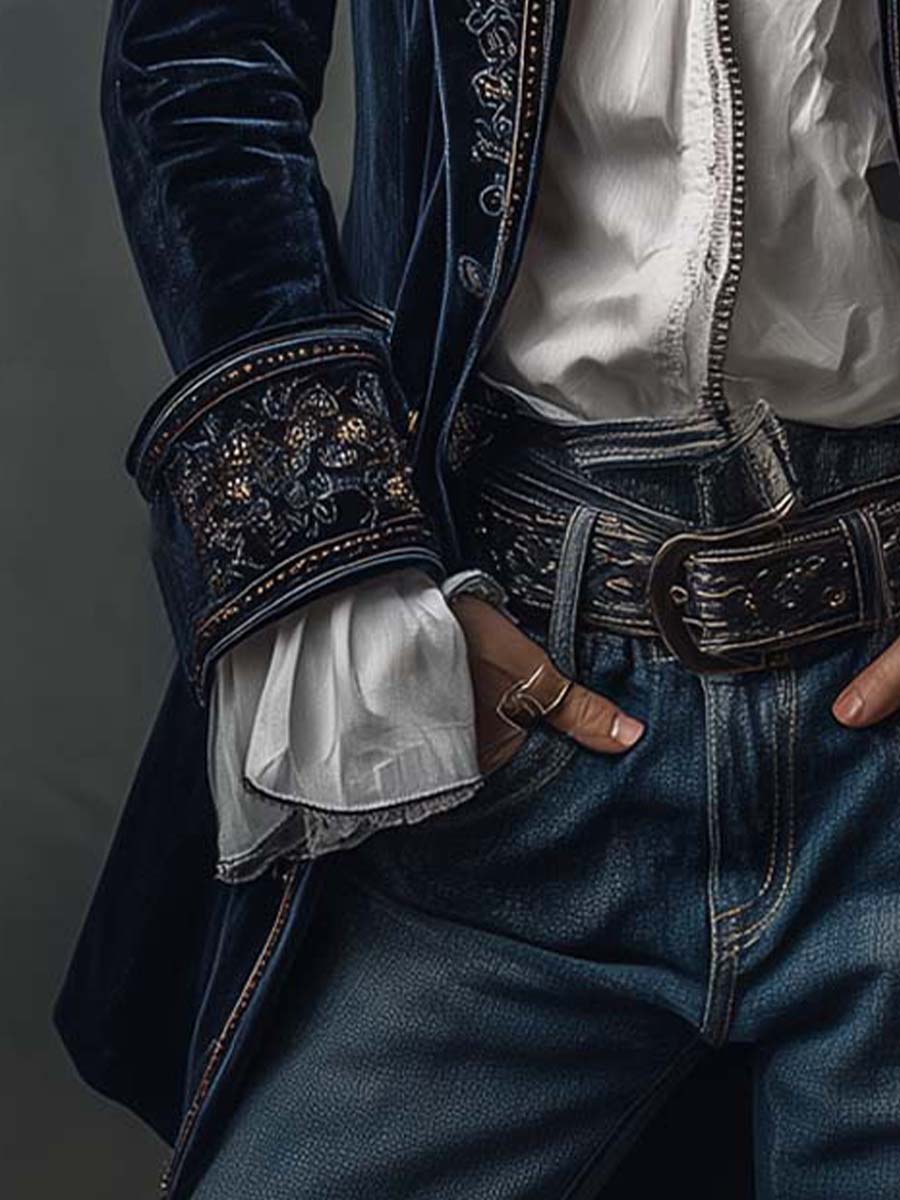 Casaco Comprido Vintage em Azul-Marinho com Bordado para Mulher