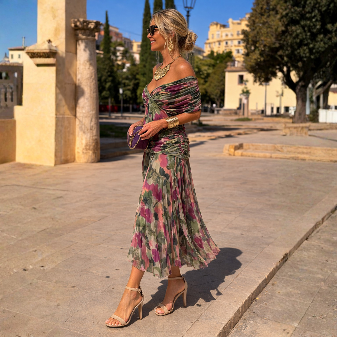 Mikaela | Vestido Longo com Decote Off-Shoulder