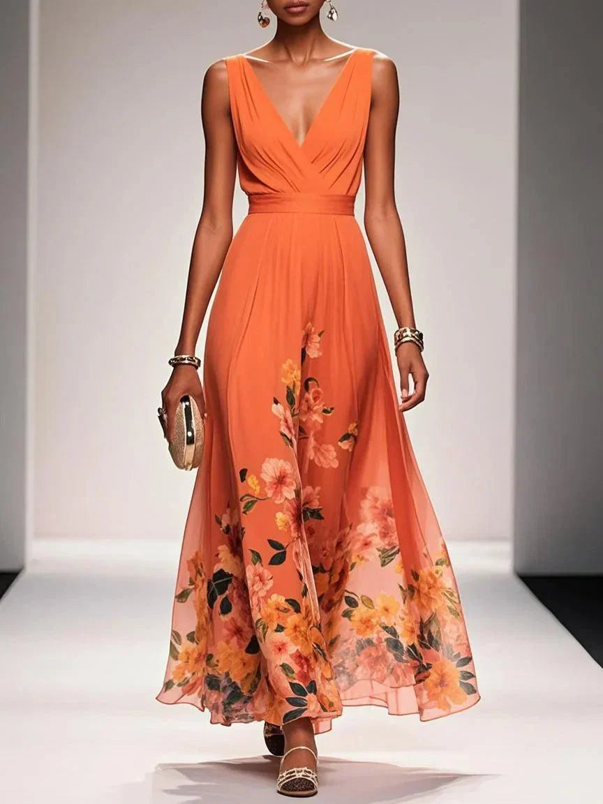 Rose | Hellblaues geblümtes Chiffon-Maxikleid mit V-Ausschnitt