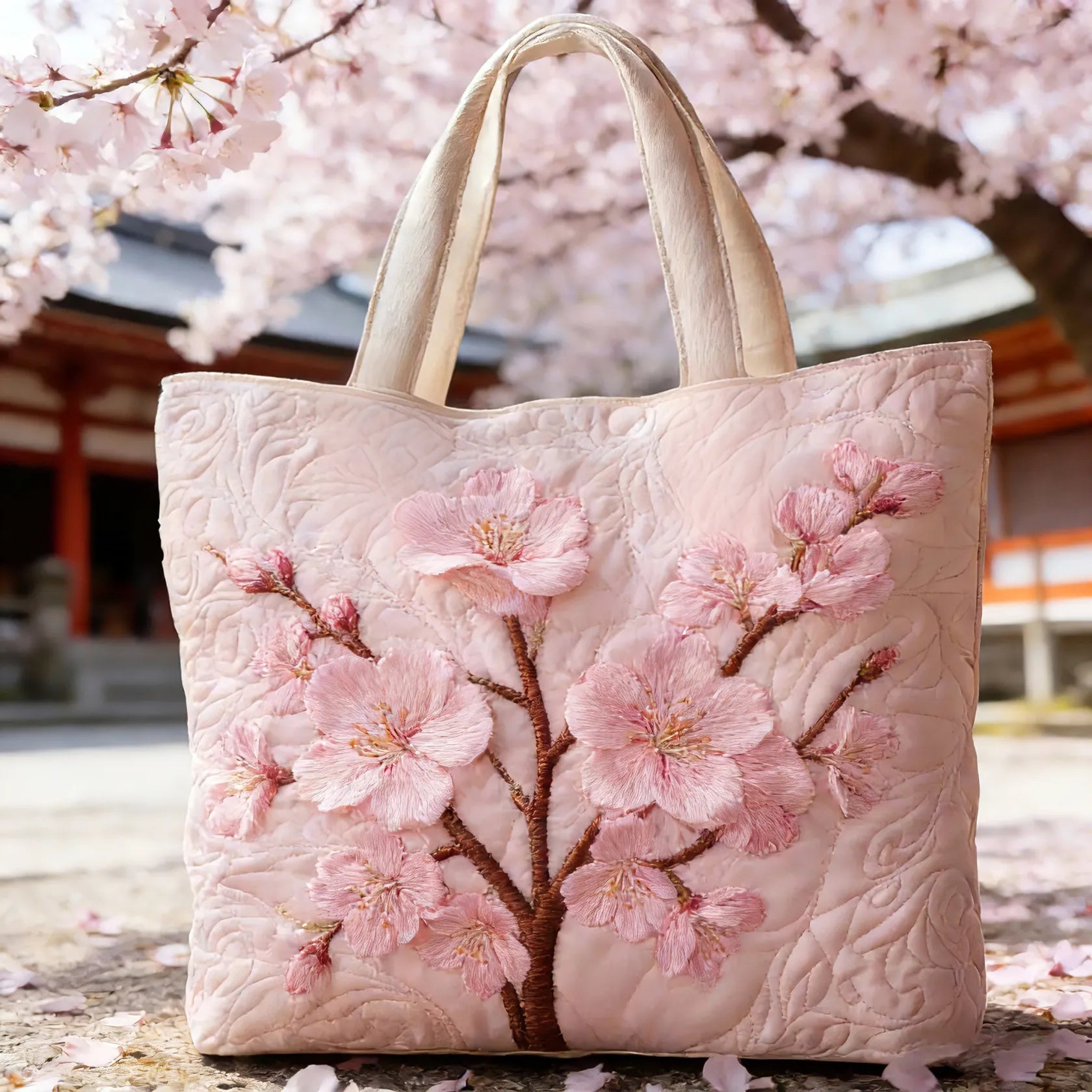 Blossom Serenity | Handgefertigte gesteppte Tragetasche
