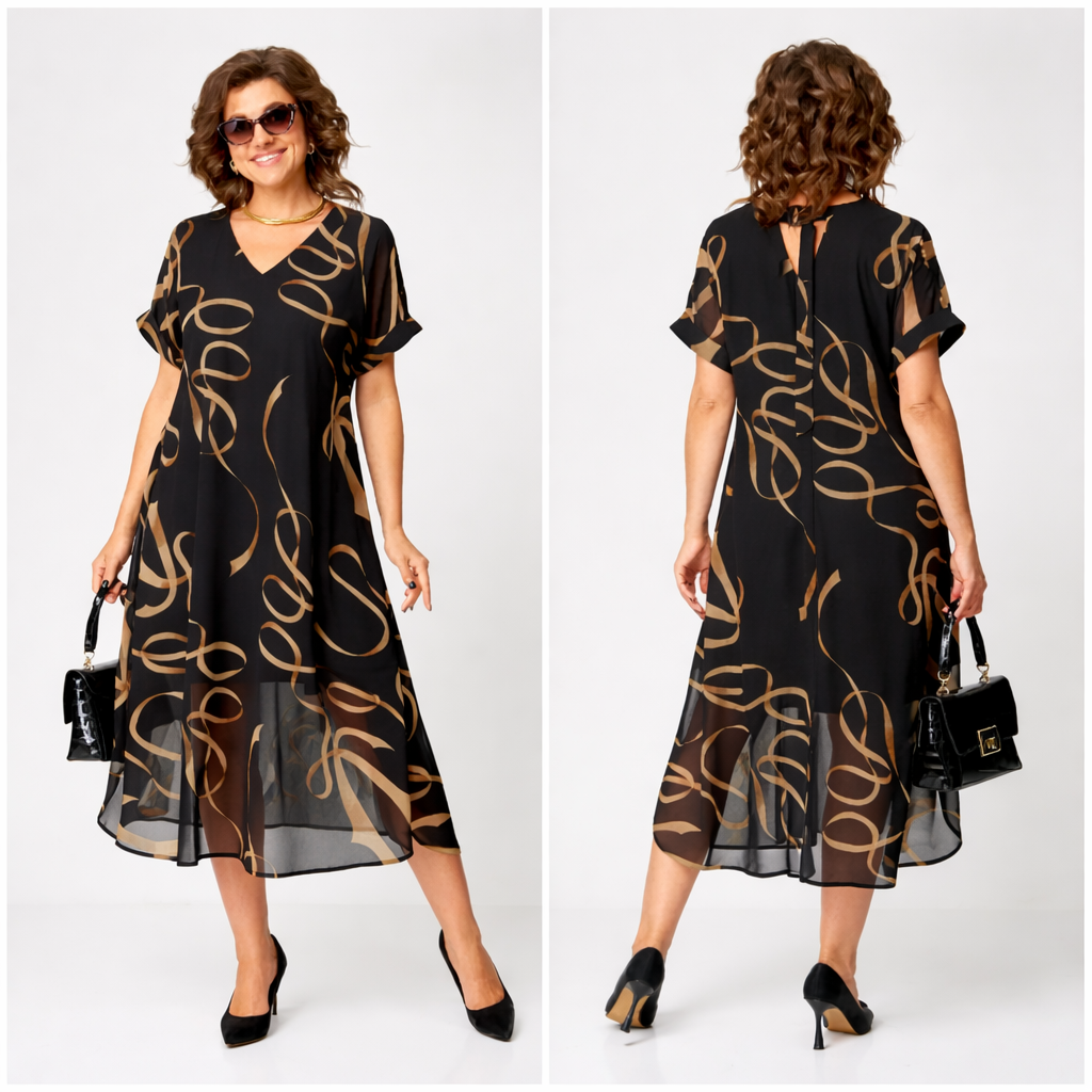 Nora | V-Ausschnitt, elegantes und einfaches schwarzes bedrucktes Kleid