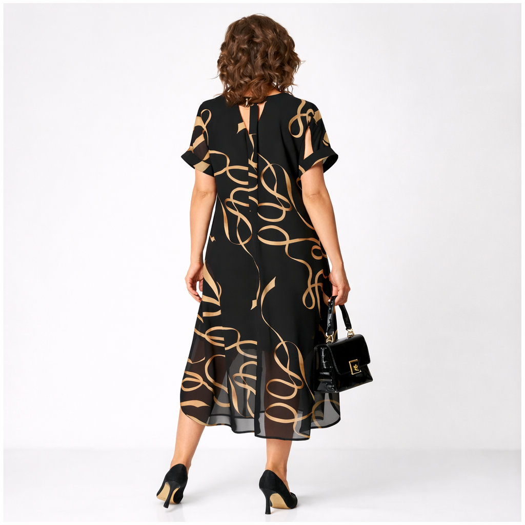 Nora | V-Ausschnitt, elegantes und einfaches schwarzes bedrucktes Kleid