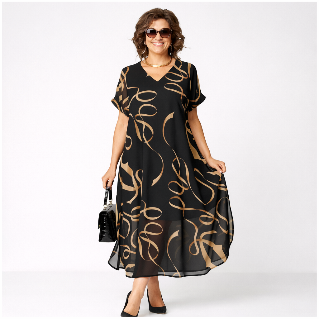 Nora | V-Ausschnitt, elegantes und einfaches schwarzes bedrucktes Kleid