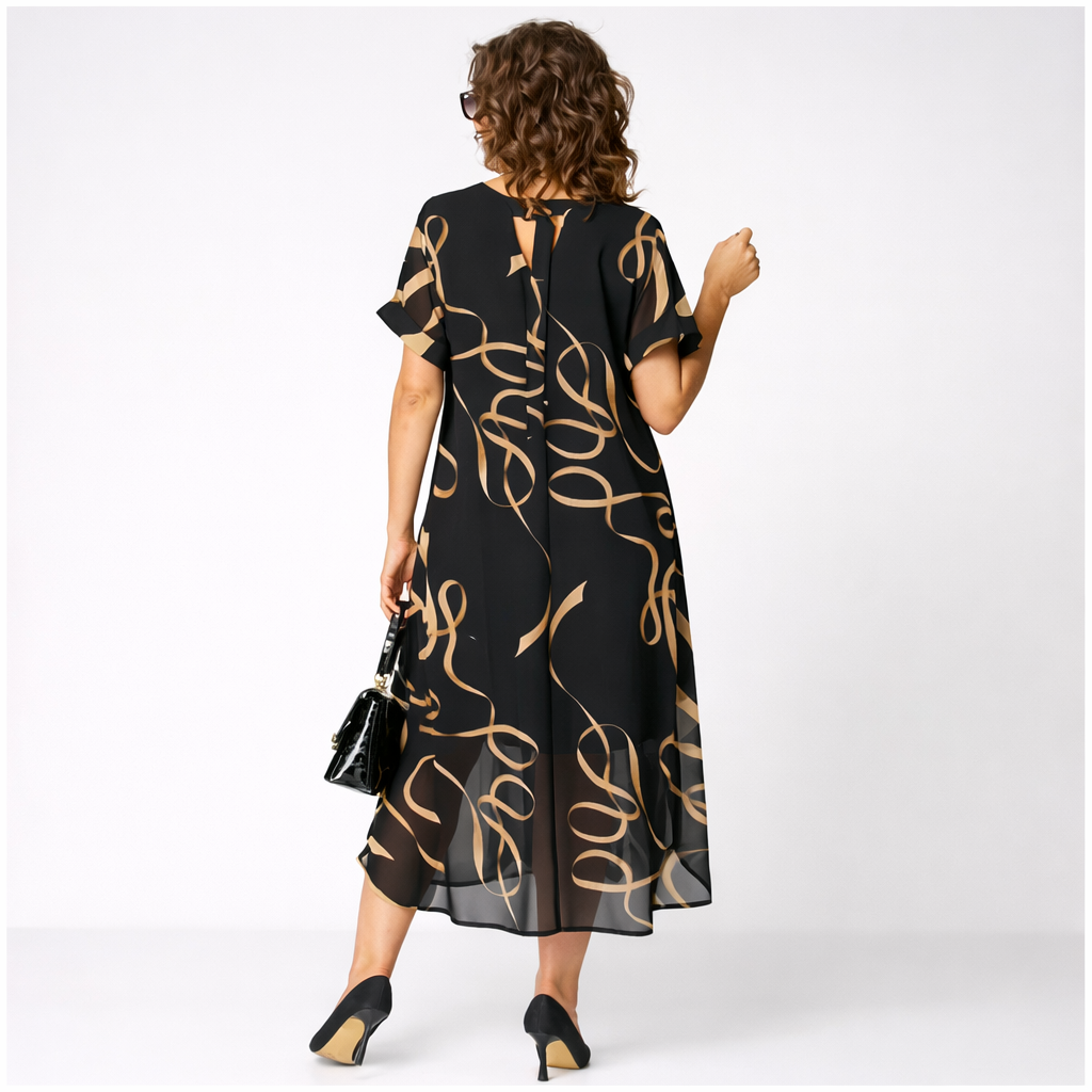 Nora | V-Ausschnitt, elegantes und einfaches schwarzes bedrucktes Kleid