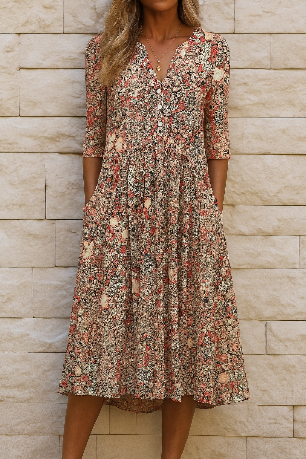 Eliskaa – Elegantes Kleid mit floralem Muster und V-Ausschnitt