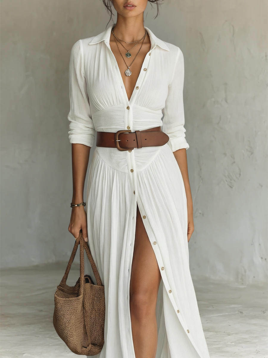 Clara - Vestido maxi de linho branco com pregas