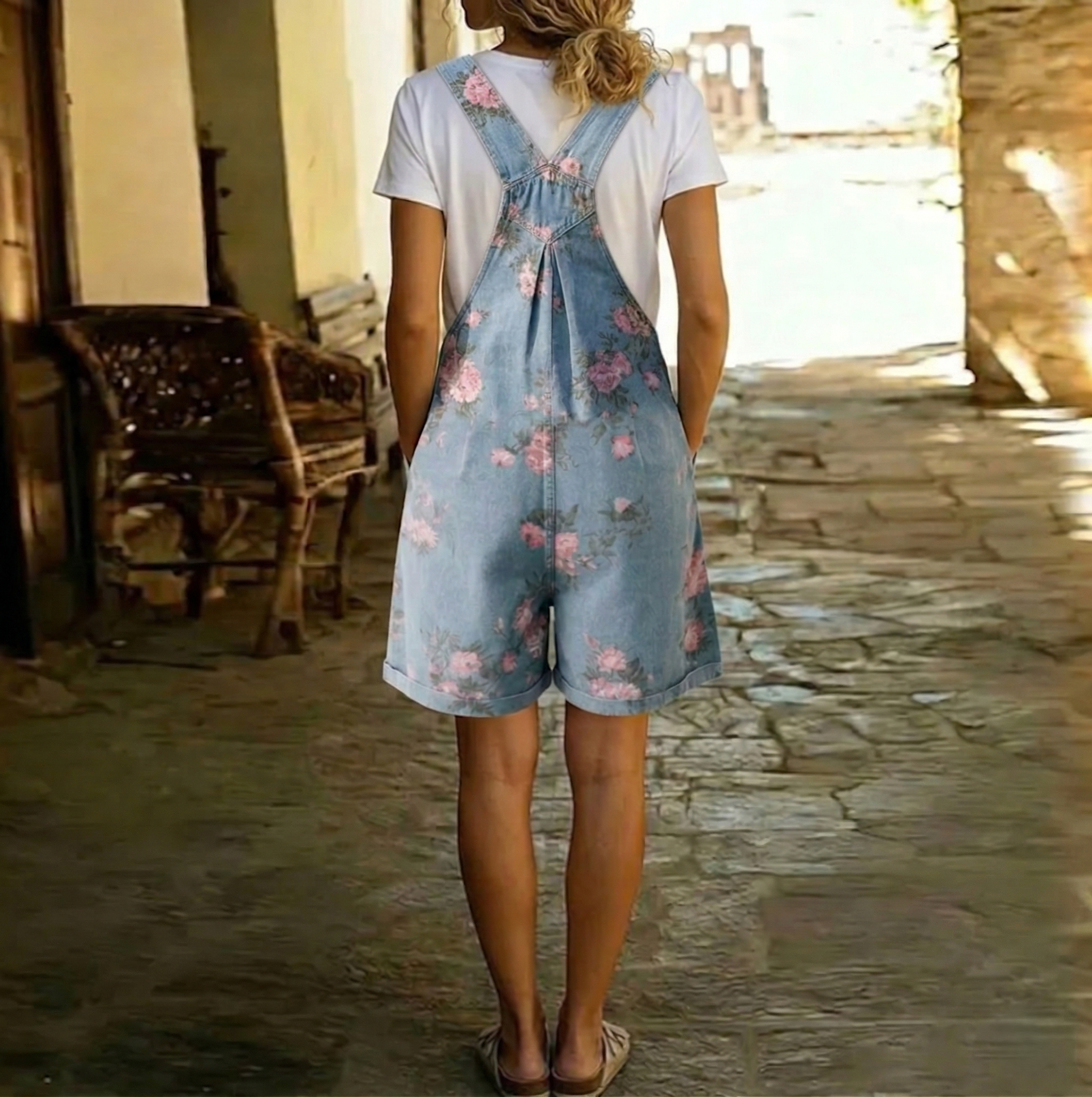 Judy | Denim com efeito vintage desbotado e toque de algodão macio - Salopete com padrão floral