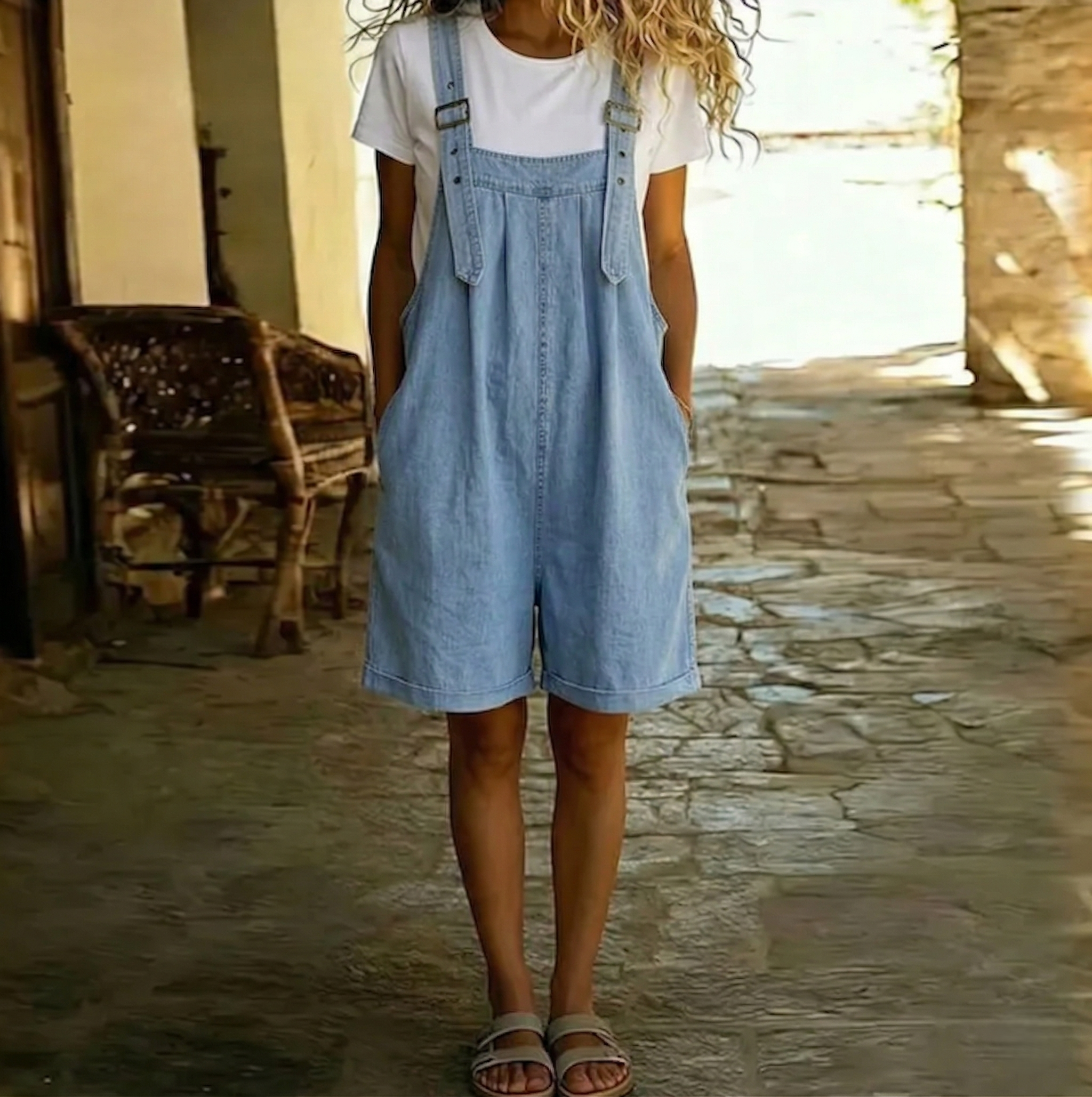 Clara | Macacão em ganga de algodão macio com efeito vintage, lavado em azul claro