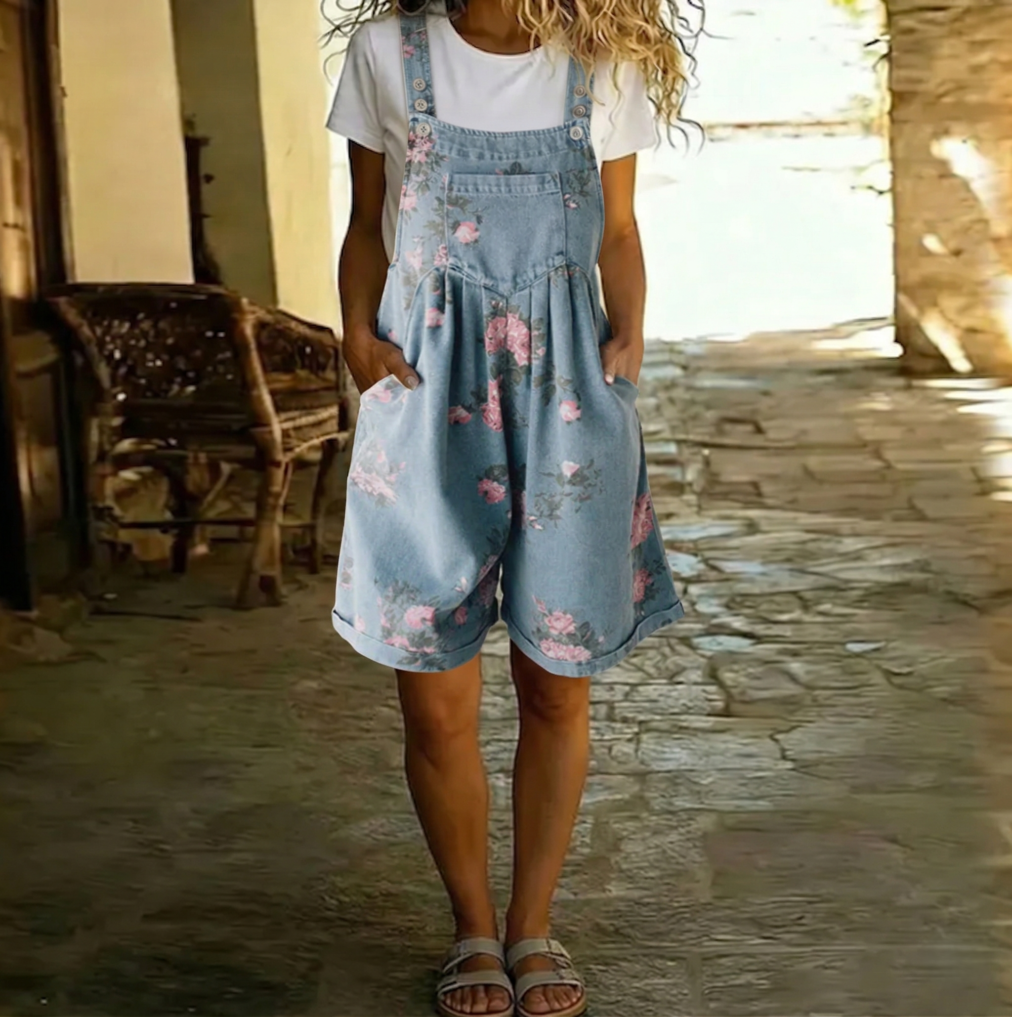 Judy | Denim com efeito vintage desbotado e toque de algodão macio - Salopete com padrão floral