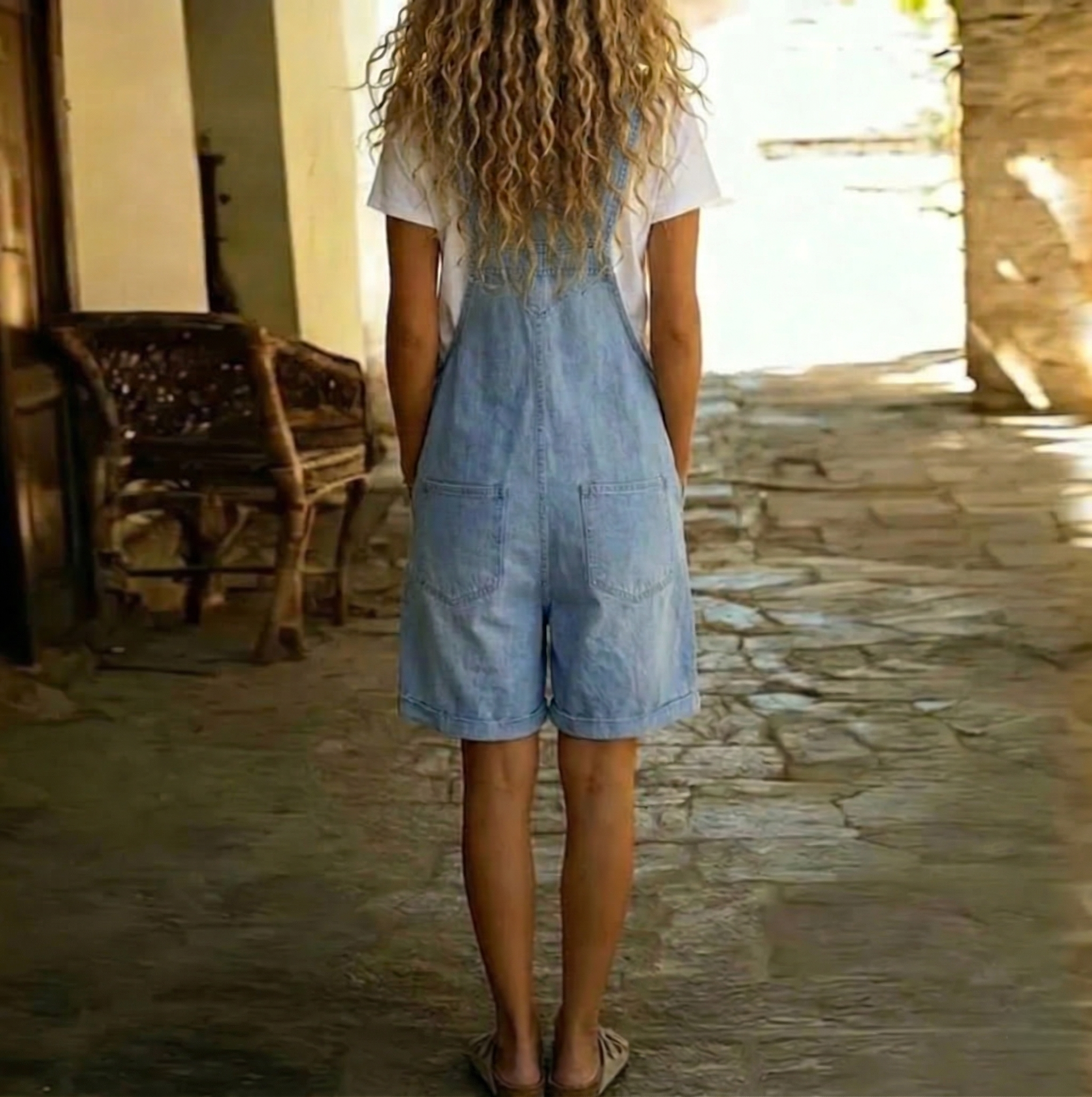 Clara | Macacão em ganga de algodão macio com efeito vintage, lavado em azul claro