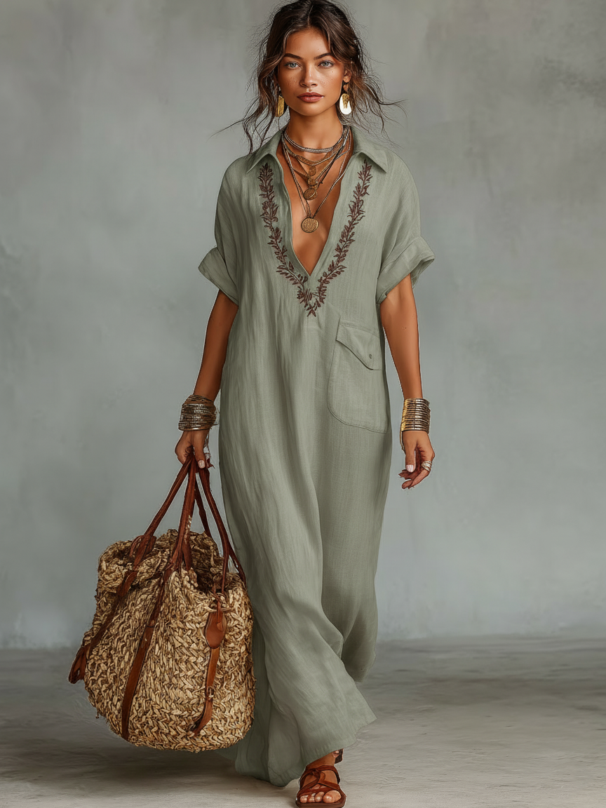 Minimalistisches Maxikleid aus Leinengemisch mit Stickerei